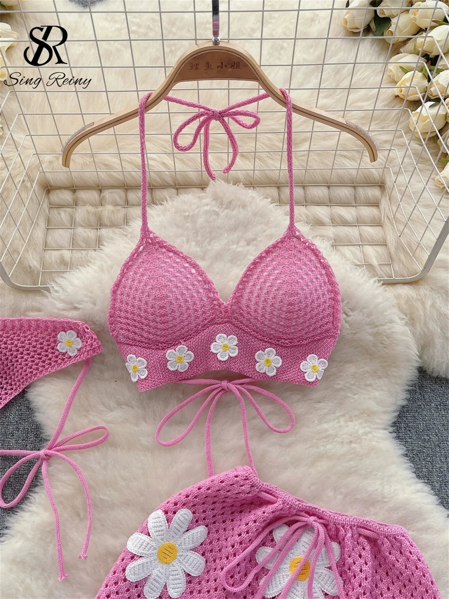 SINGREINY Korean Hollow Out Knitted Suits Women Halter Lace Up Bow Backless Tank TopDrawstring Split Mini Skirt Two Pieces Sets 250324