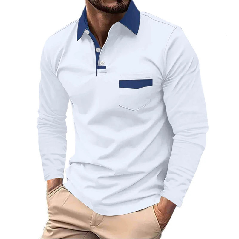 Spring and Autumn mens long sleeved business casual golf polo shirt sports solid color large pocket top 250326