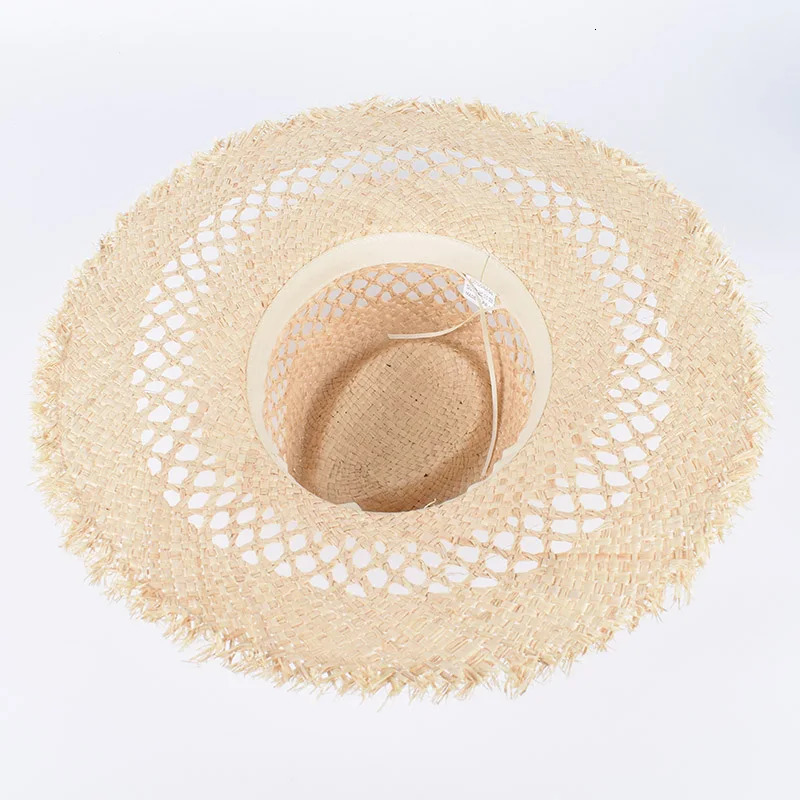 100% Raffia Natural Straw Hat Women 2025 Wide Brim Sun Protection Outdoor Summer Beach Cap Sun Hats Panama Jazz Top Cap Travel 250326