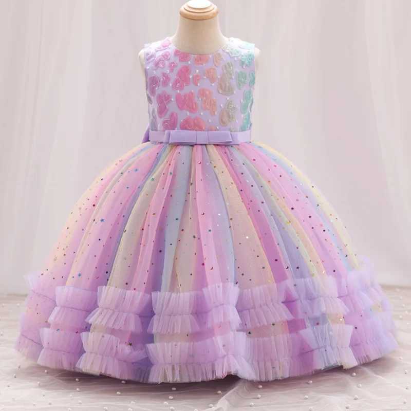 New girl embroidery star sequin rainbow mesh sleeveless dress Christmas party evening dress for girls aged 1-10 W250326