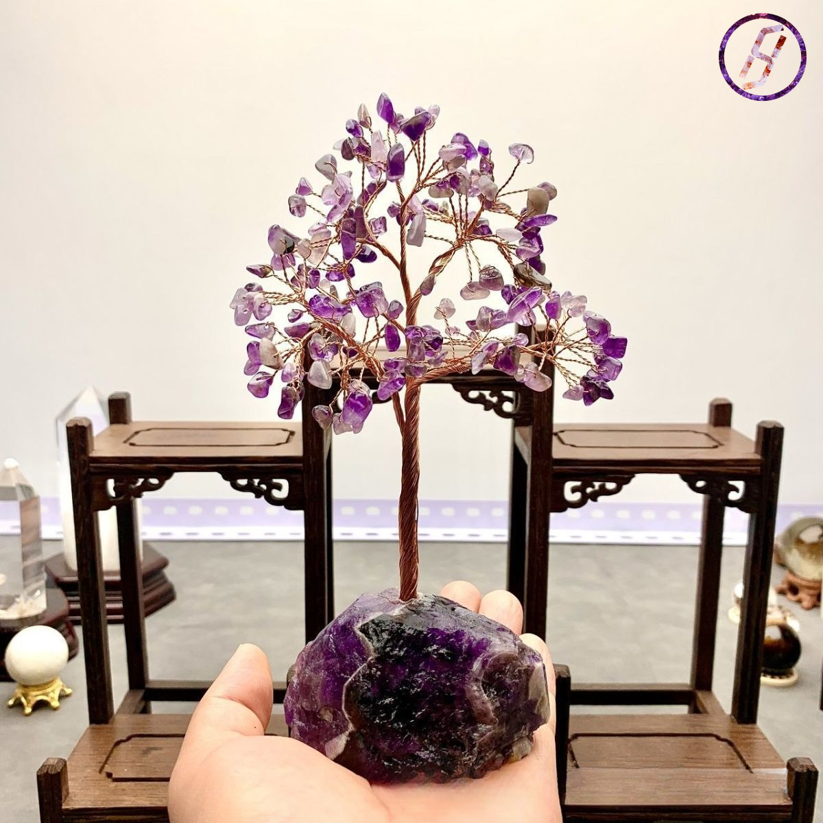 Natural Amethyst Geode Cluster Chakra Balancing Tree - Feng Shui Prosperity Tree Sculpture for Bioenergetic Space Optimization Feng Shui Money Tree
