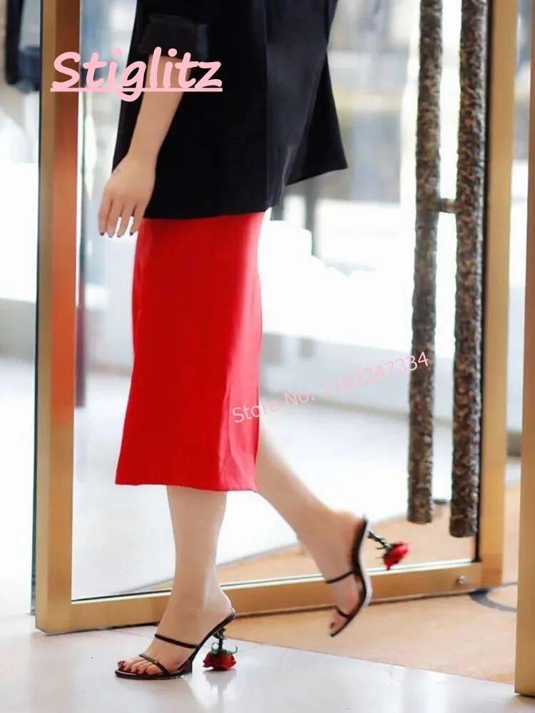 Rose High Heel Slippers 2024 Round Toe Solid footwear Elegant Comfortabl Outsize Casual Shoes