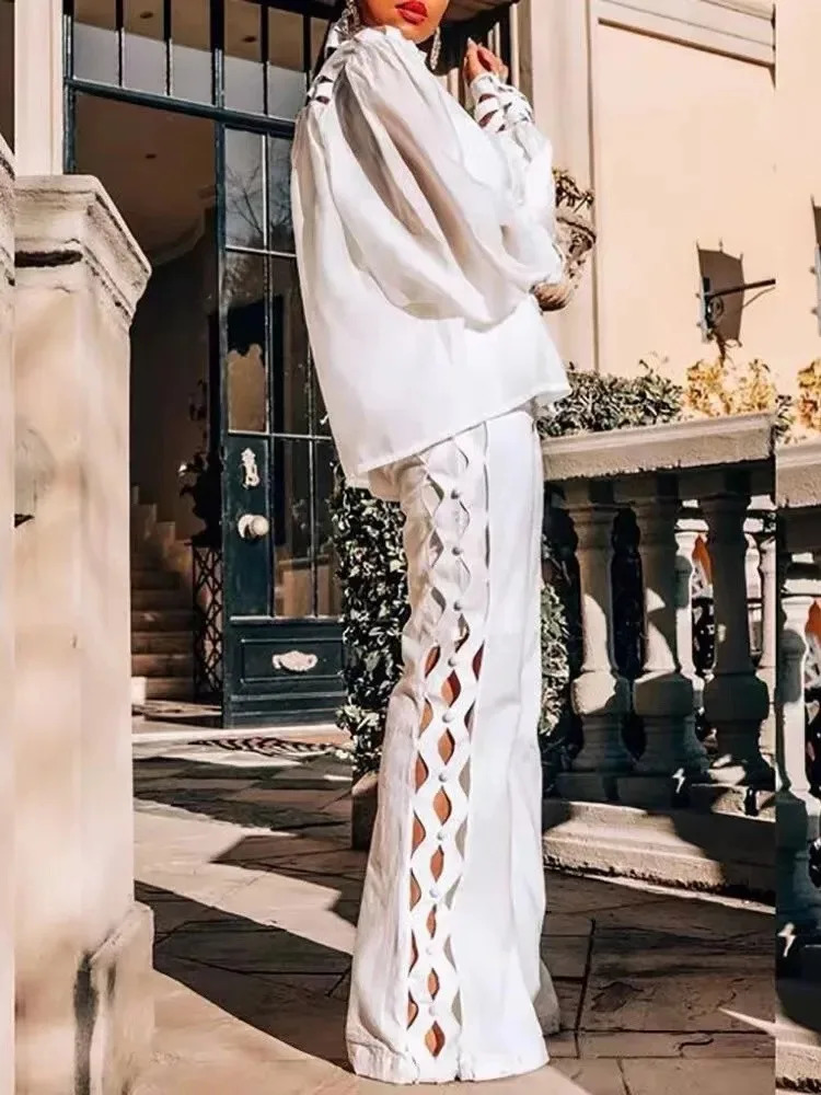 2 Piece Set Women Plus Size Hollow Out Sexy Young Daily Soft Full Sleeve Fashion Pants Wide Leg Wholesale Drop 250324