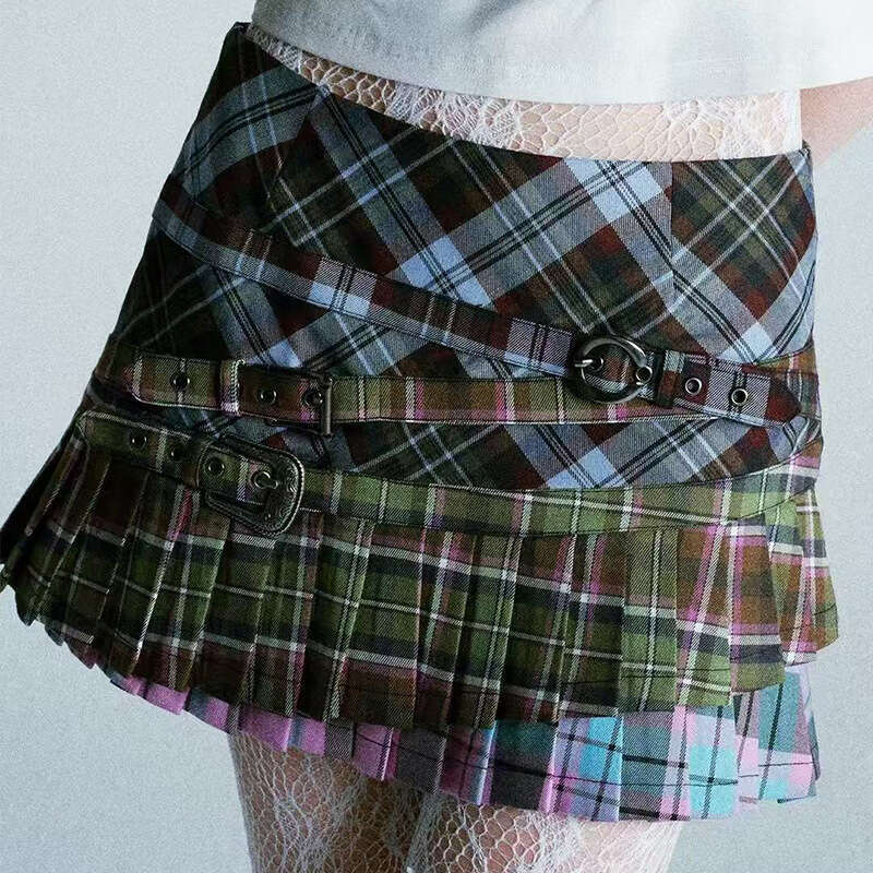 American Spicy Girl Plaid Half Skirt With Irregular Pleated Patchwork Design, Y2k Short Skirt, Women's Spring And Summer New Style