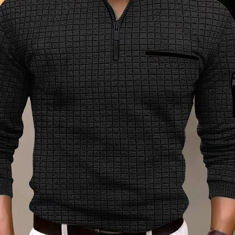 Spring and Autumn Mens Polo Shirt Solid Grid Flat Arm Zipper Fashion Breathable Sports Tshirt 250326
