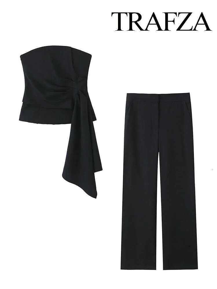 TRAFZA Women 2 Piece Set Solid Asymmetric Folds Side Zip Design Short Vest Top+Fashion Pockets High Waist Casual Wide Leg Pants