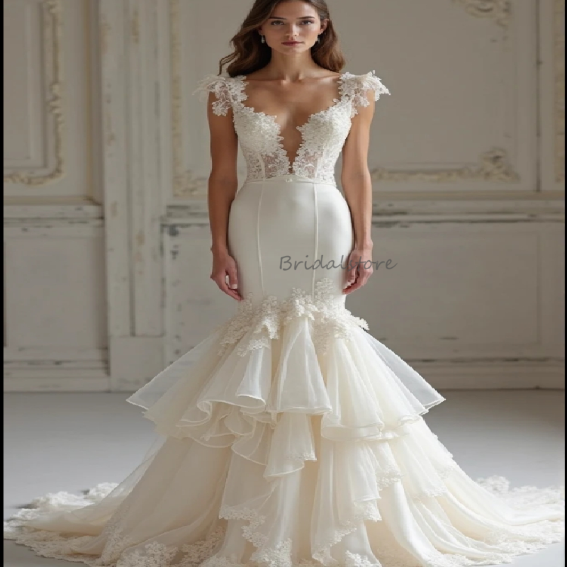 Gorgeous Mermaid Wedding Dress With Ruffles Lace Cap Sleeve Celtic Bohemian Bride Dress 2025 Celestial Ethereal Gown Customized Robe De Mariee Civil B