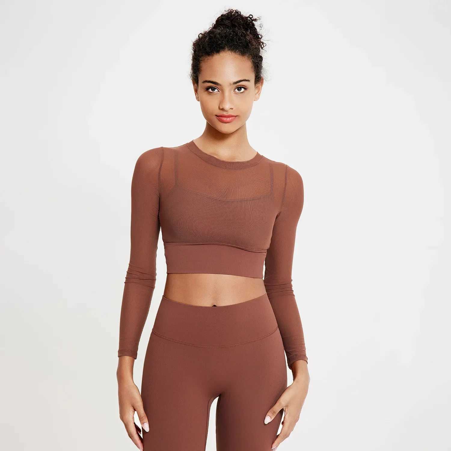Womens two-piece fitness yoga set solid color breathable quick drying running suit 2-piece long sleeved shirt leg sportswear W250326