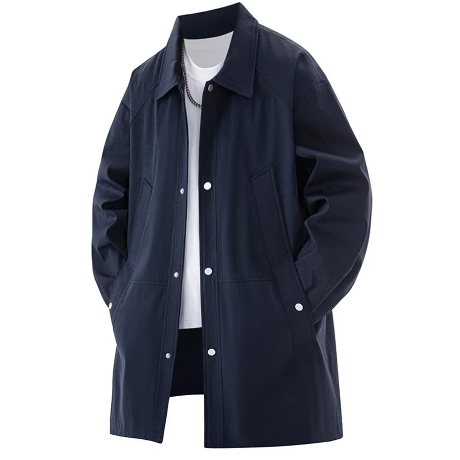 Large mens trench coat single button windproof jacket mens Korean clothing spring half season long open jacket 250324