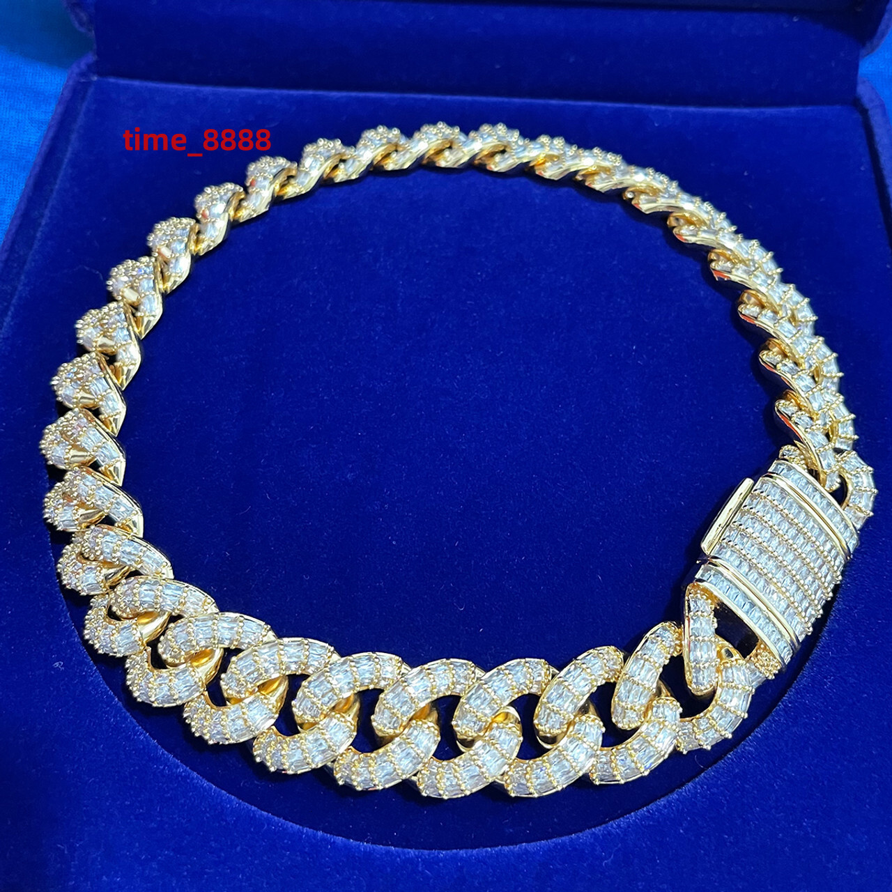 Cascade 24K Gold 925 Cuban Link Chain Flooded Ice Prong Set with Baguette Moissanite Necklaces in a Stylish Design