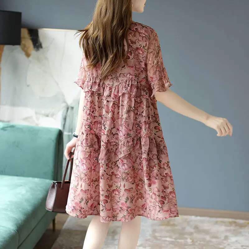 Elegant O-Neck Spliced Loose Ruffles Flare Sleeve ral Women's Clothing 2024 Summer New All-match Casual Midi Dress