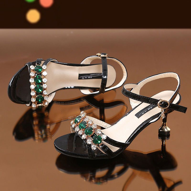 PLOVER High Heel Sandals for Women 2025 Summer New Popular Style One Word Belt Open Toe High end Middle Heel Water Diamond High Heels