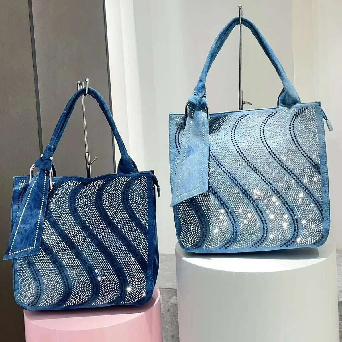 New Vintage Denim Jeans For Women Handbags Zipper Shine Rivets S Rhie Purse Woman Totes Female Shoulder Bag