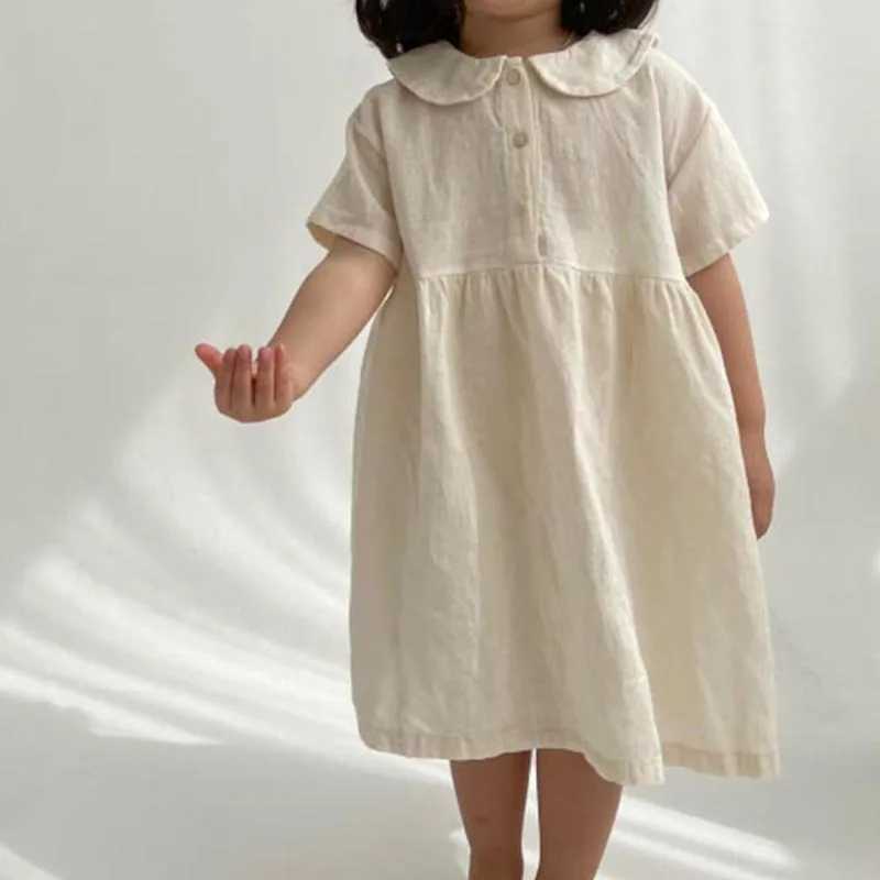 2025 Summer New Girls Long Sleeve Collar Dress Childrens Cotton Linen Casual Dress Fashion Girl Princess Dress Childrens Clothing W250326