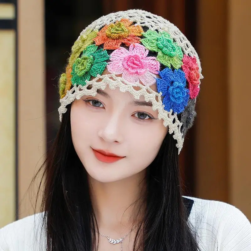 Japanese Spring Summer Literary and Artistic Colorful Flower Hollow Bag Head Hat Women Sweet Fashion Hand-crocheted Beanie Cap 250321