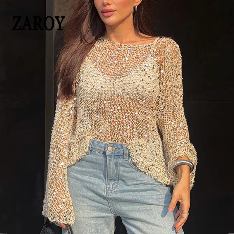 ZAROY 2025 Spring Women Sequins Knit Hollow Out Pullovers Casual Loose Long Sleeve O Neck Shinny Crochet Cover-up Blouses 250325