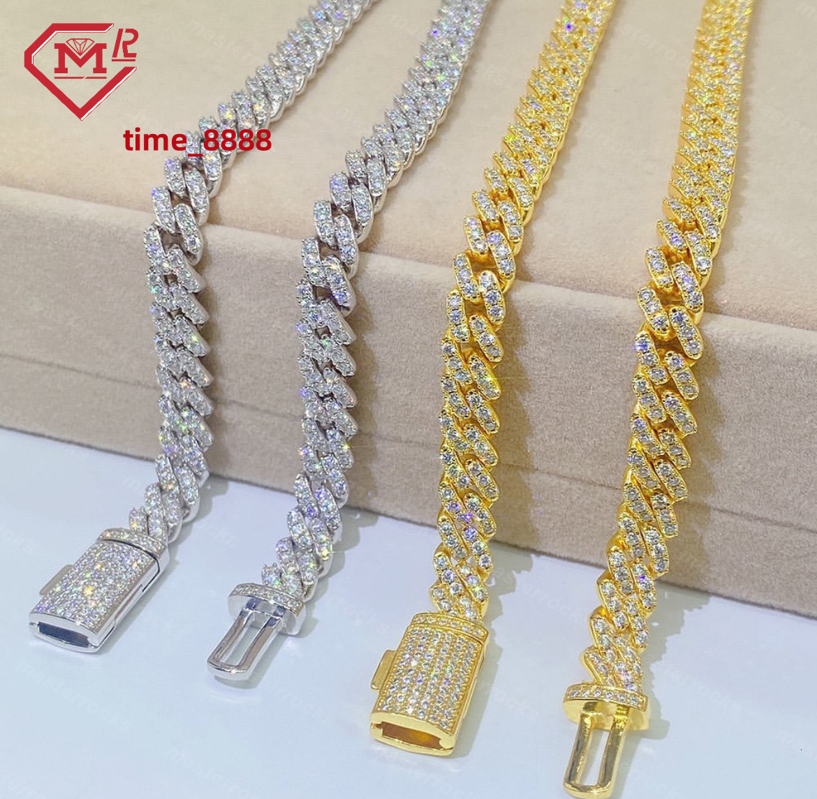 8mm One Row Big Stone Iced Out Moisssanite Cuban Link Chain Miami Hip Hop 925 Silver Moissanite Cuban Chain