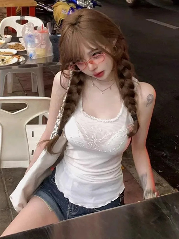 mesh patchwork vest summer sleeveless top sleeveless top sleeveless Y2k E-Girl ultra-thin suitable for women diamond white vest 250321