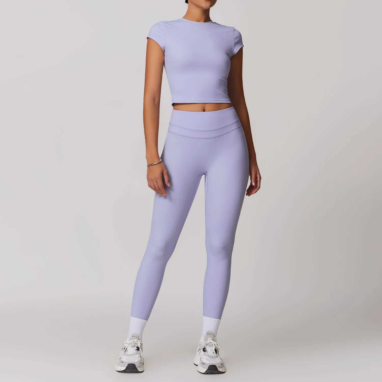JUREN Yoga Set 2PCS Sports Set Womens Quick Drying Gym Set Womens Track and Field Clothing Running Exercise Short Sleeve Sports Yoga Clothing W250326