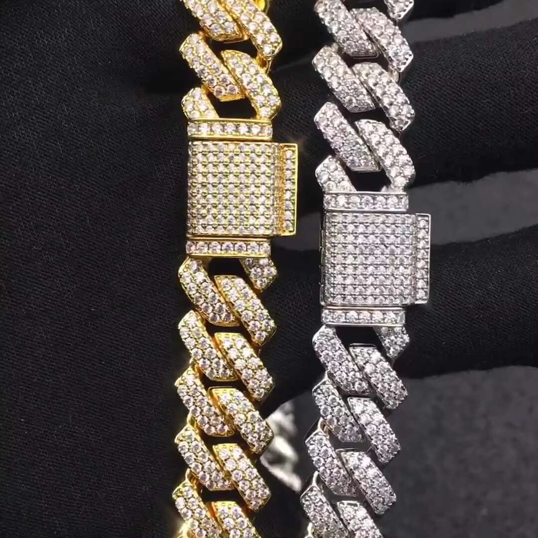 2024 American European Mens Hip Hop Style Cuban Chain Necklace 14mm Diamond Shaped Copper Zircon Link Chain for Wedding