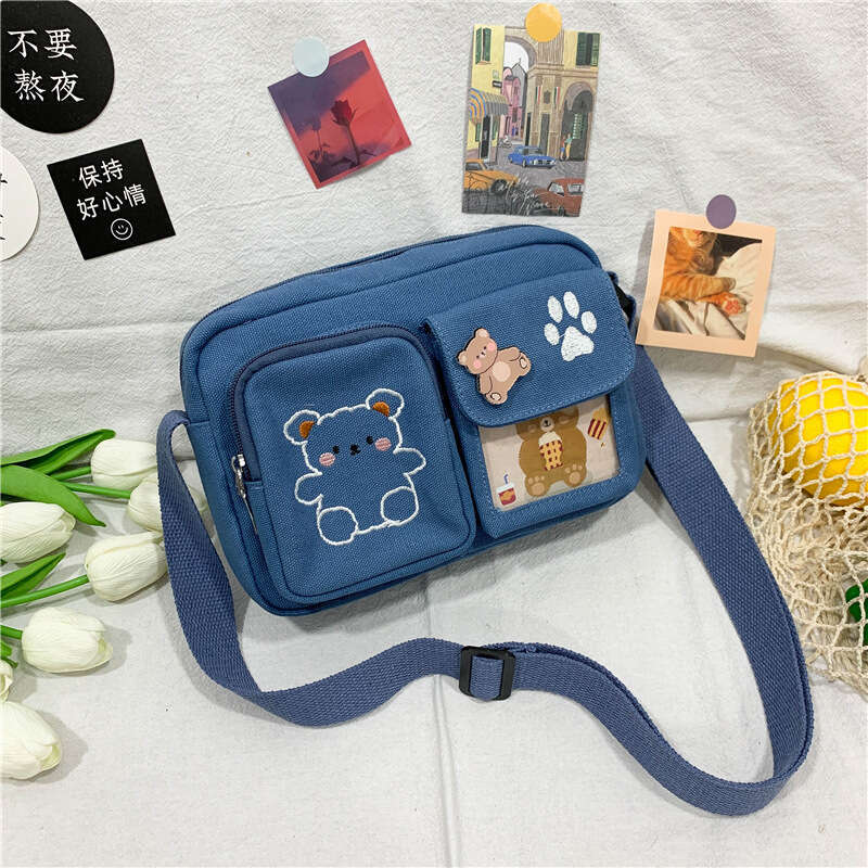 Canvas small ins antique, cute, funny and personalized embroidered bear student transparent crossbody bag