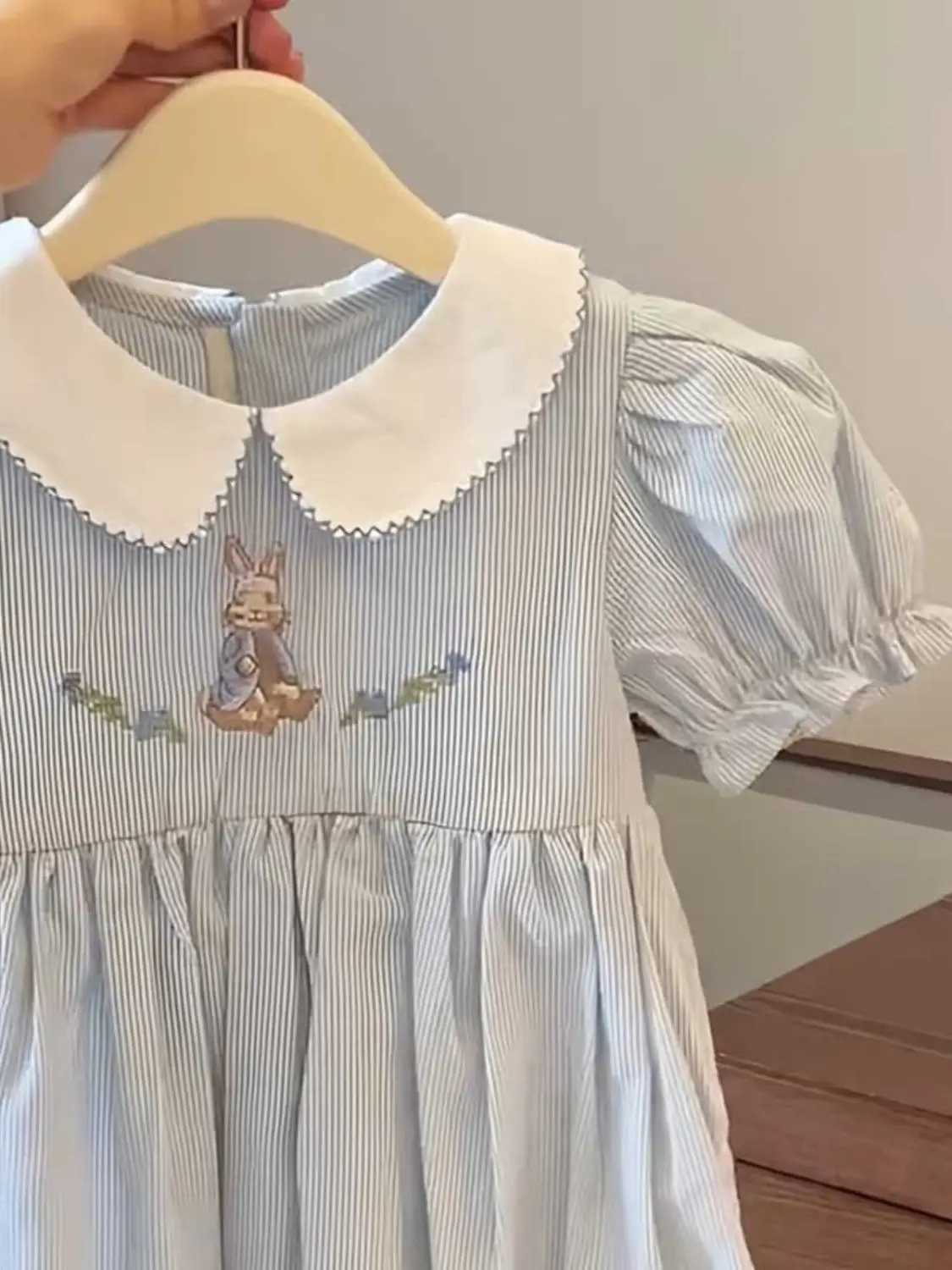 Baby girl short sleeved summer outfit new childrens bubble sleeves fashionable striped rabbit dress embroidered W250326