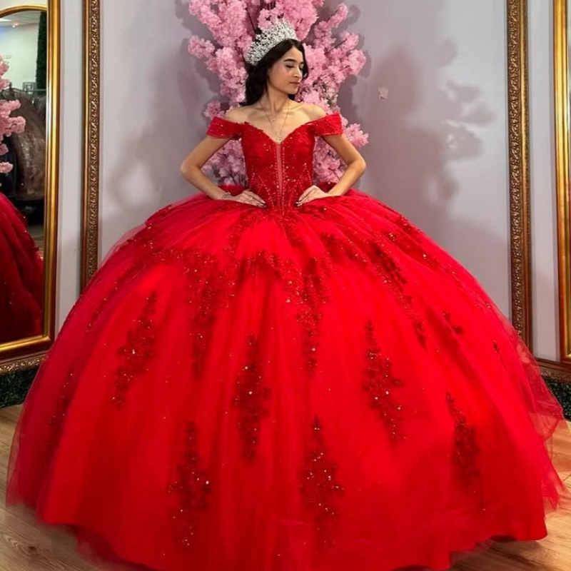 Red Shiny Princess Quinceanera Dresses Sequin Appliqued Lace Beads Tull Bow Sweet 16 Dress Off Shoulder Ball Gown Vestidos De 15 Anos