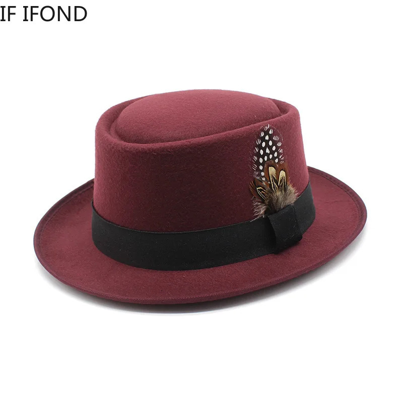 Vintage Curve Brim Felt Fedora Hat Mens Autumn Winter Trilby Jazz Hat Church Pig Skin Hat with Feather 250325