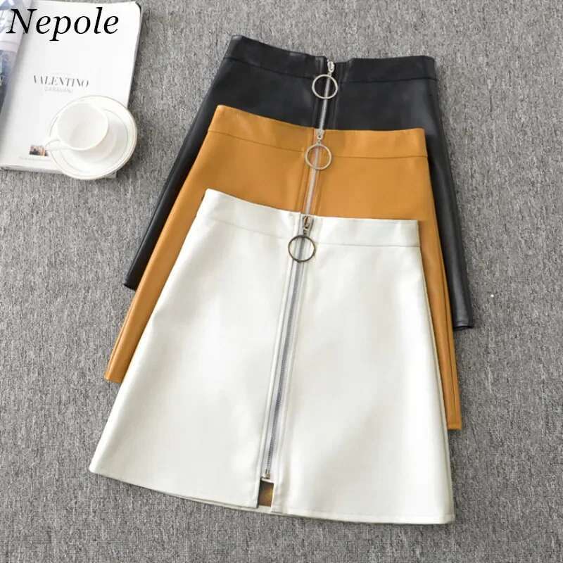 Neploe 2025 Spring Autumn New Fashion Cool Girl Skirt PU Zipper Women Jupe Solid Faux Leather Vintage Mini Skirts 69620