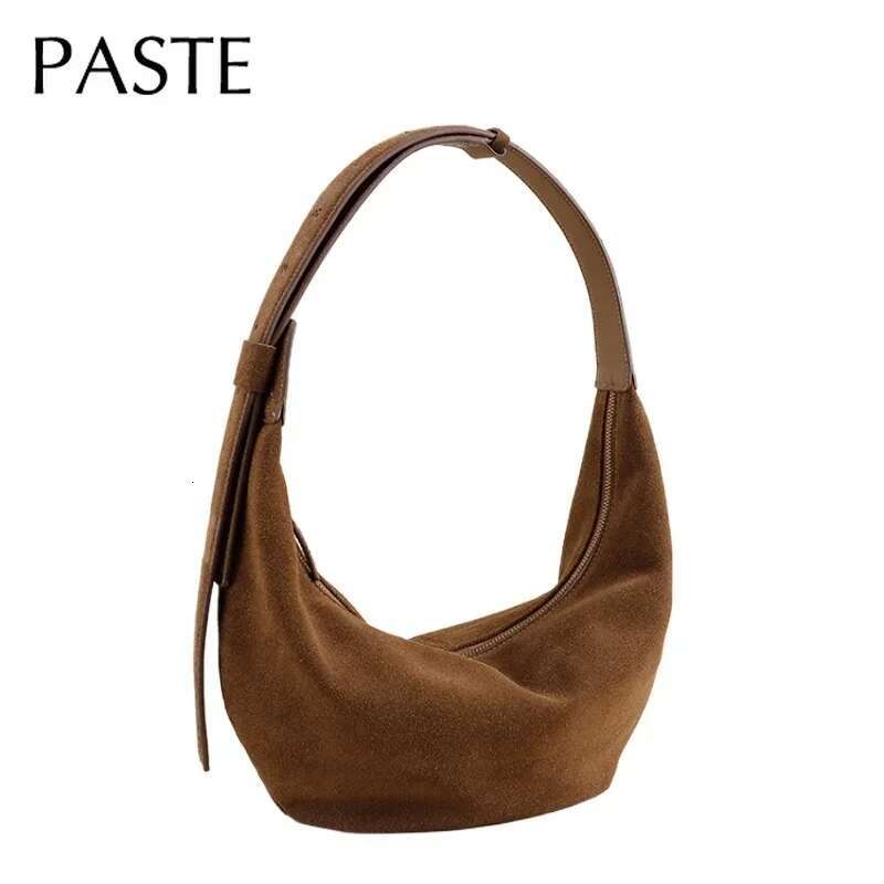 New Autumn Winter Frosted Cowhide Hobo Tote Adjustable Handle Camel Coffee Color Genuine Suede Leather Women Armpit Shoulder Bag