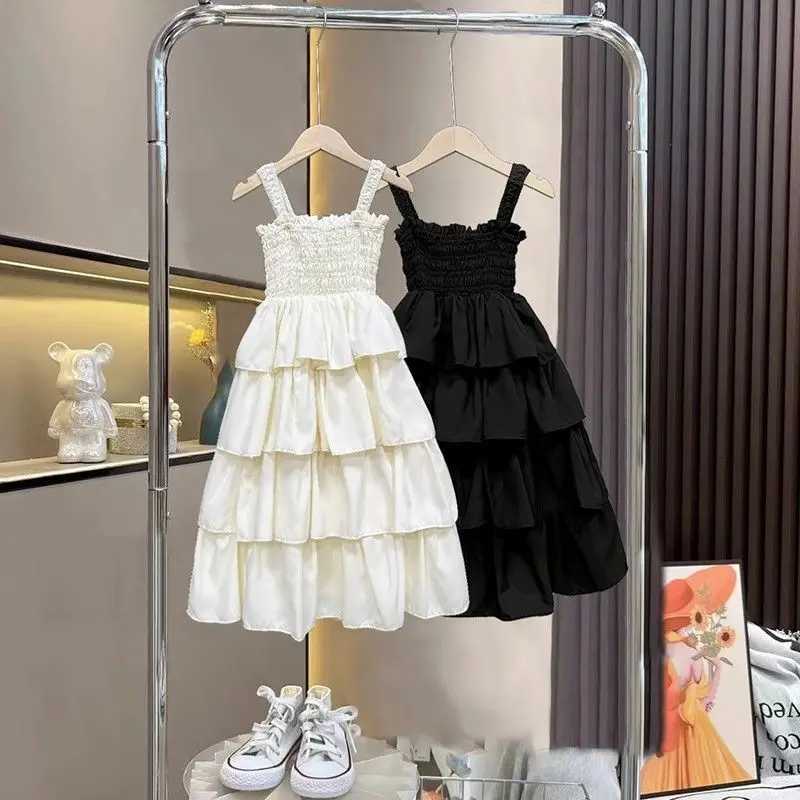 New summer teenage girls sling dress cotton pleated waist sleeveless childrens girls cake dress solid Versatile childrens girls dress W250326
