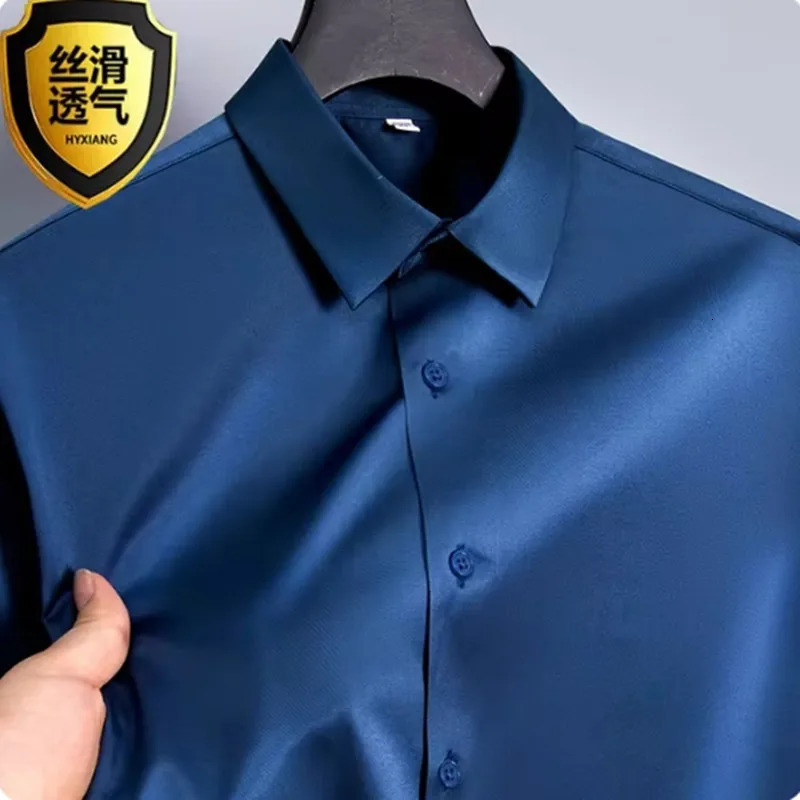 Basic Mens Black Shirt Long Sleeve Non Ironing Wrinkle Ice Silk Casual Soft Camisas Business Dress Mens Clothes 5XL 250325