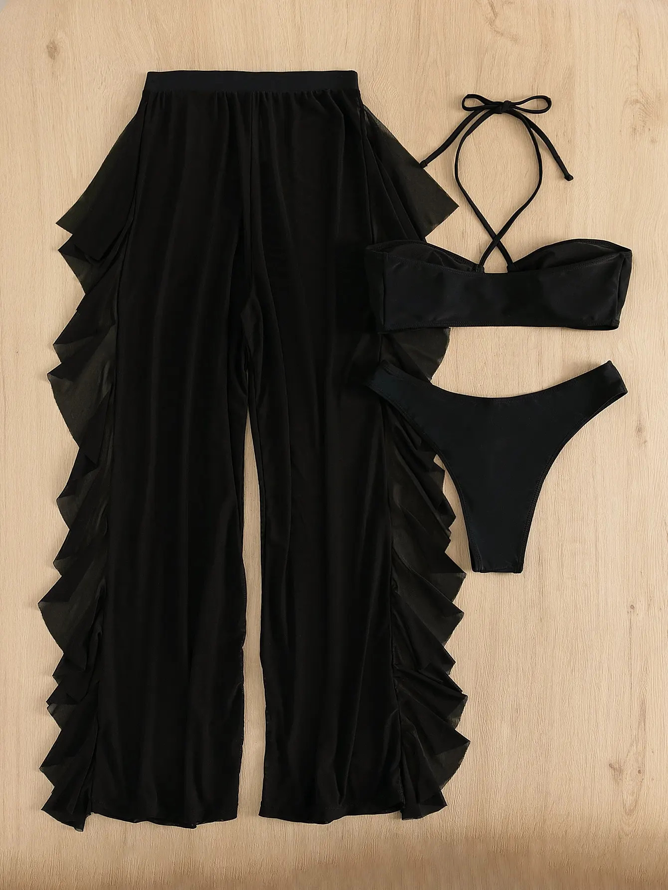 Plain Criss Cross Halter Bikini Set With Ruffle Pants Bandeau Swimsuit Women White Swimwear Female Bathing Suit Black 250324