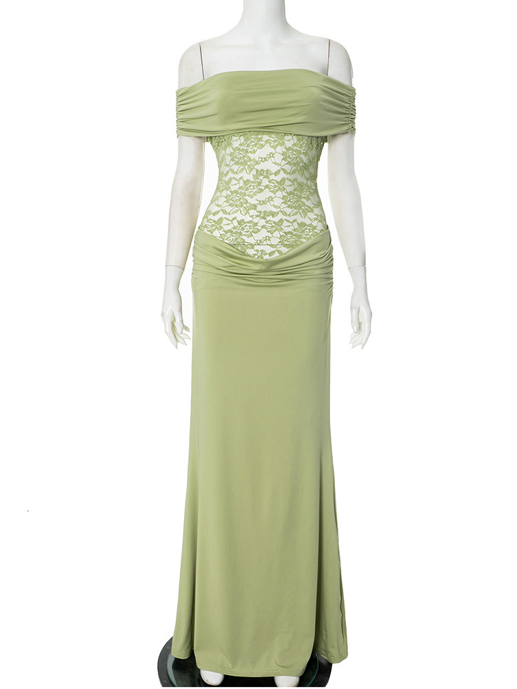 2025S Fashion Designer G DS Women S Spring Summer New One Shoulder Solid Color Splicing Lace Slimming Bag Hip Long Dress