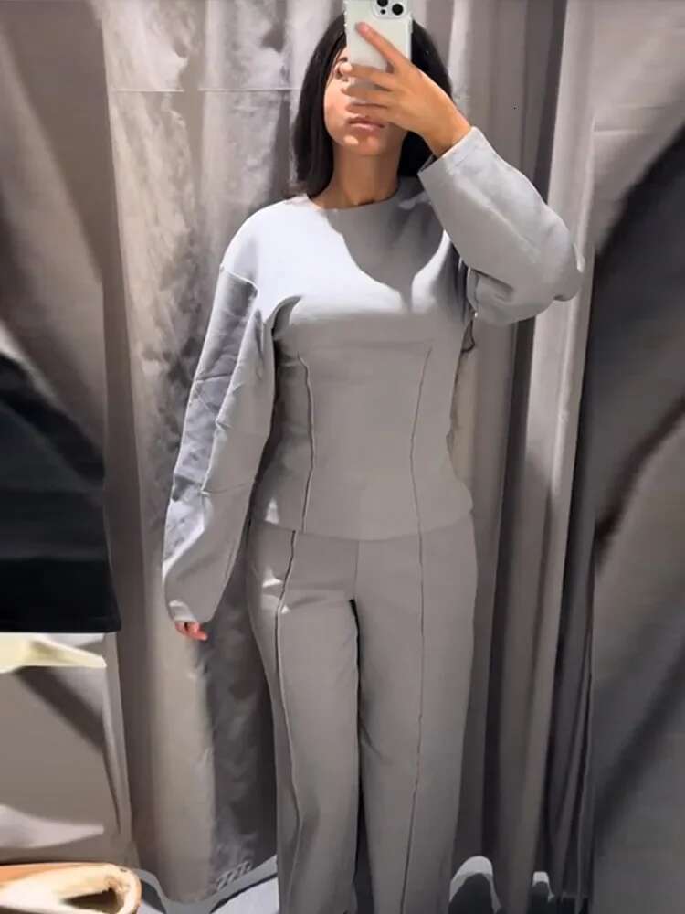 Fashion Solid Pant Set For Women Casual O Neck Long Puff Sleeve Pullover Wide Leg Trousers Suit Female Commuter 2Pcs Outfit
