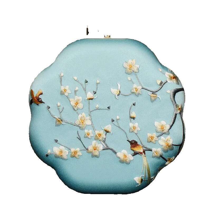 Cap Brand Shoulder Crossbody Niche Favorite China Suzhou Craft Silky Fabric Wer And Bird Pattern Embroider Girls Ladies Banquet Dinner Gold Metal Edge