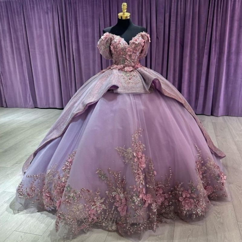Sparky Lavender Off the Shoulder Quinceanera Dresses Applique 3D Flowers Beading Princess Ball Gown for Sweet 16 Dress Lace-up Vestidos De 15 anos