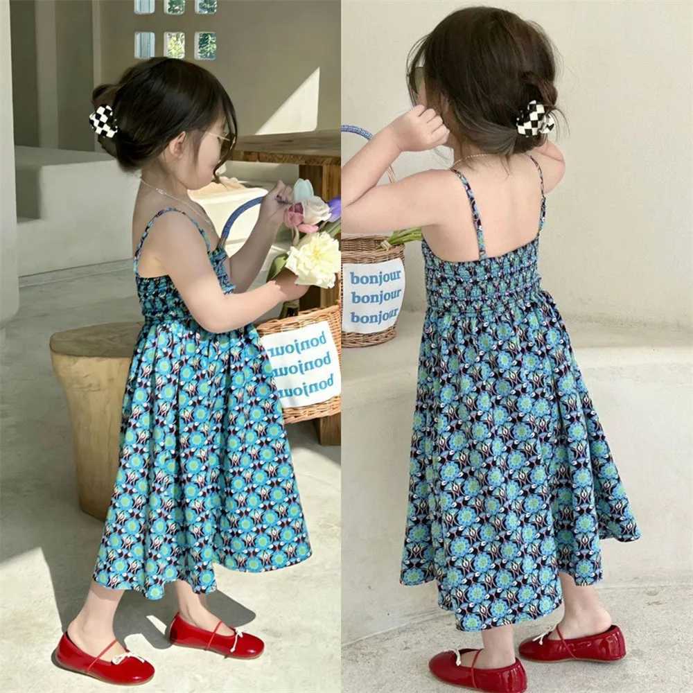 Girls casual dress girls summer new Korean holiday sled blue print suspender princess dress 2-7-year-old baby girls clothing W250326