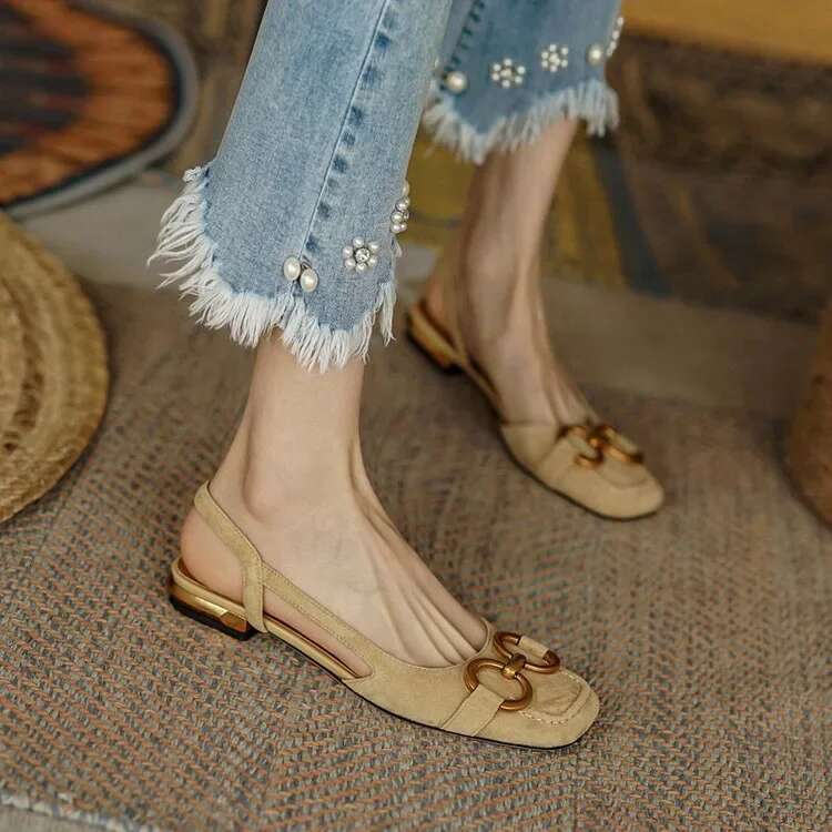 2025 Summer New Retro Low Heel Suede Office Women's Shoes High Quality Elegant Sleeves Designer Fashion Women's Flat Sandals
