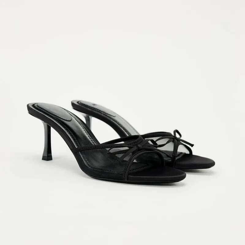 2025 summer new backless breathable designer fashion slippers, mesh fabric bow decoration high heels, women's sandals