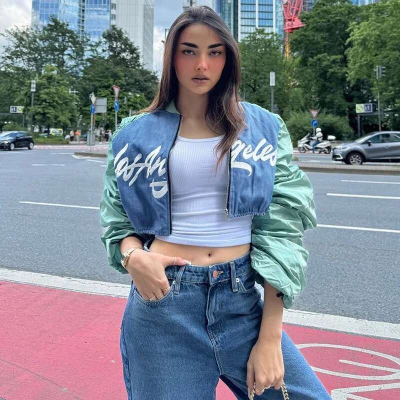 Cropped Fashion Jacket Women Crop Tops Y2K Streetwear Racer Baseball Jackets Letter Pleated Coats 2024 Fall Winter Clothes