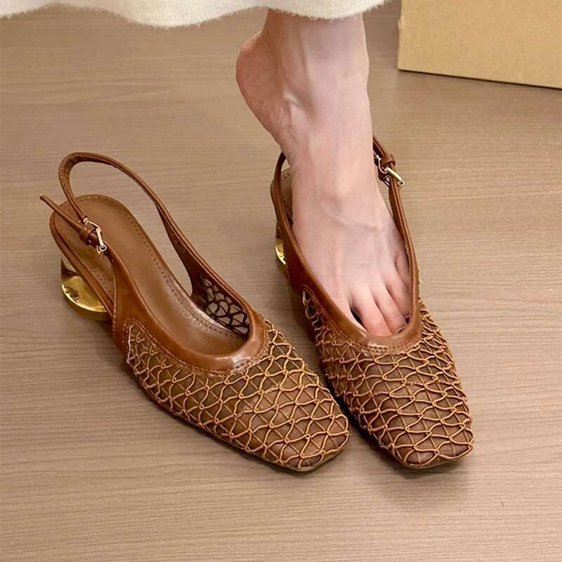 2025 Summer New Mesh Eye Heel Sandals Square Toe Women's Shoes Elegant Designer Fashion High Heels Designer Slippers Ball Comfortable Trendy Shoe