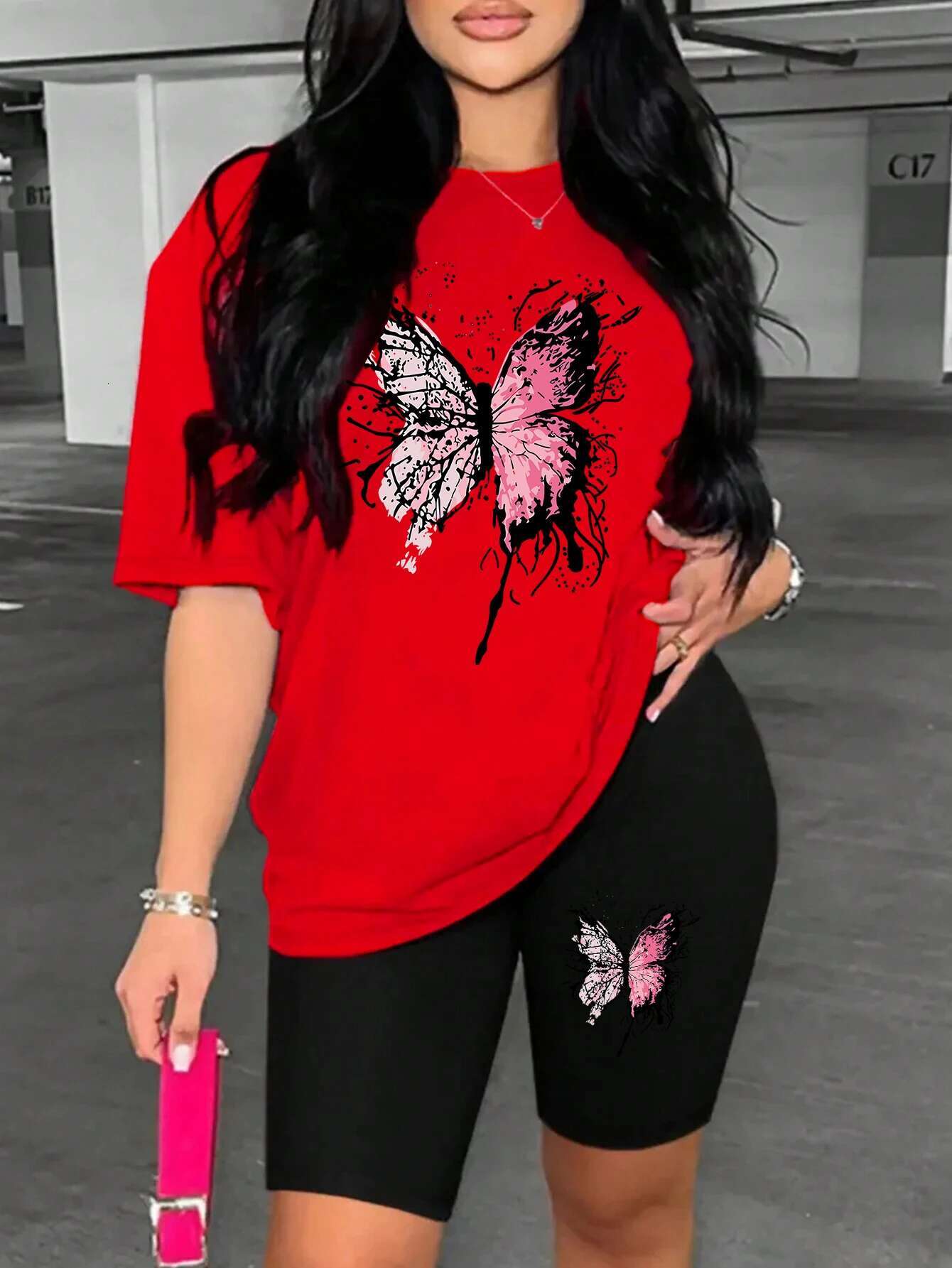 2025 Beautiful Butterfly Pattern Print For Women Short Sleeved Soft Essential Two Piece Set Sports Comfortable Shorts Sets ddmySept