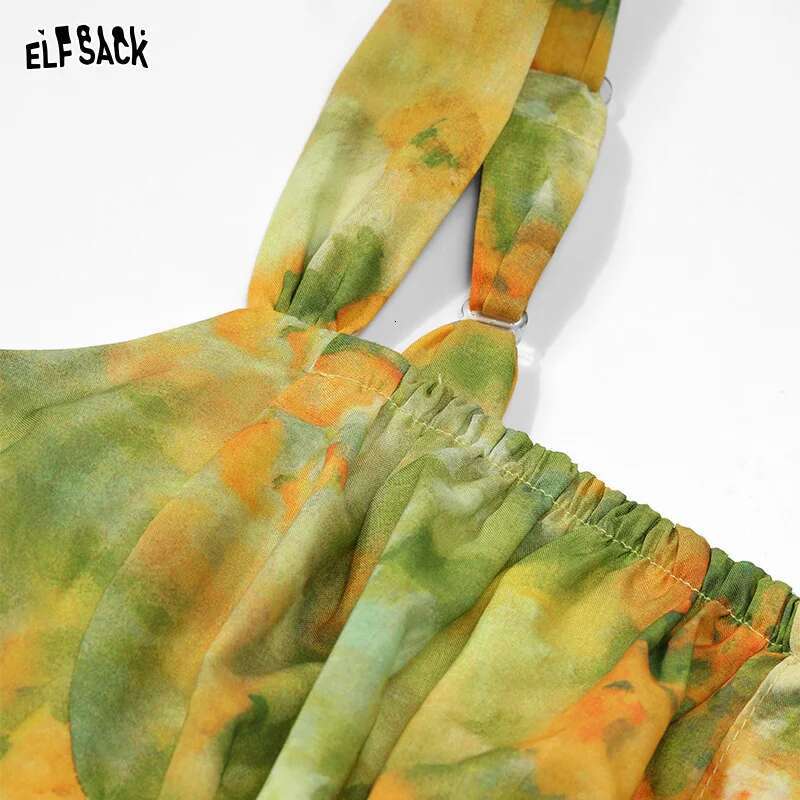 ELFSACK French retro oil painting printed camisole with waistband, light and sexy summer vacation dress