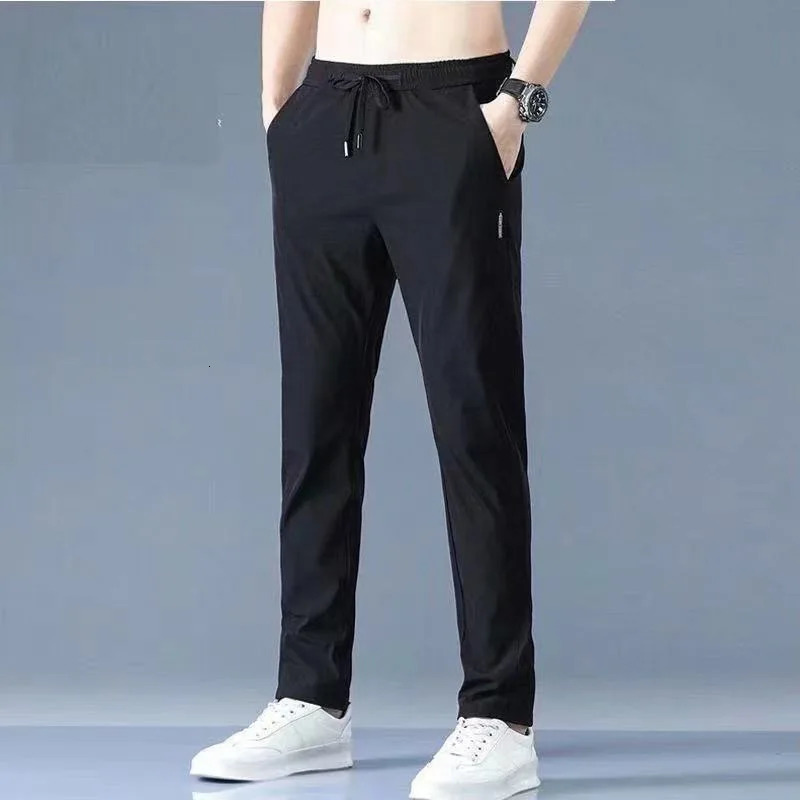 Ice Silk Mens Pants 2023 Summer Black Grey Thin Business Casual Outdoor Elastic Breathable Straight Leg Sports 250326