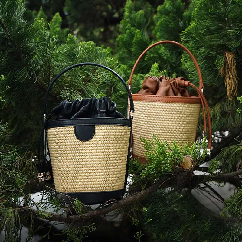 Women's Bags New Women Bucket Handbag Lady Sheepskin Canvas Straw plaited Crossbody Shoulder Bag Female Niche Ins Mini Messenger