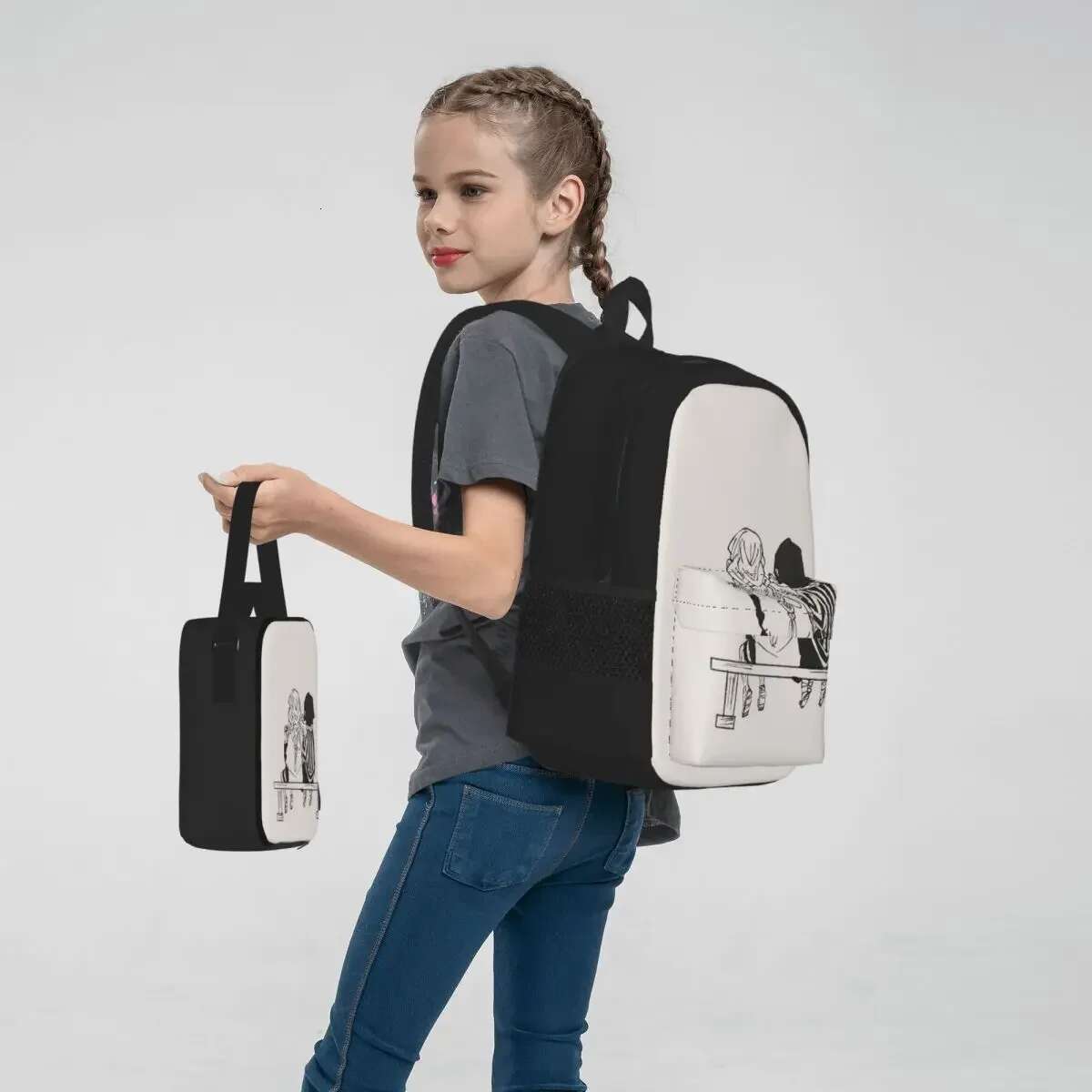 Mitsuri Kanroji And Iguro Obanai Backpacks Boy Girl Bookbag Children School Bags Kids Rucksack Lunch Pen Bag Three-Piece Set