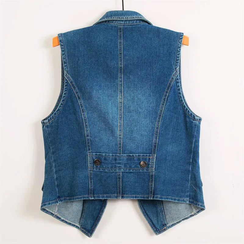 Womens denim vest jacket casual Korean ultra-thin custom collar single chest top spring and autumn sleeveless short sleeved denim jacket 250320