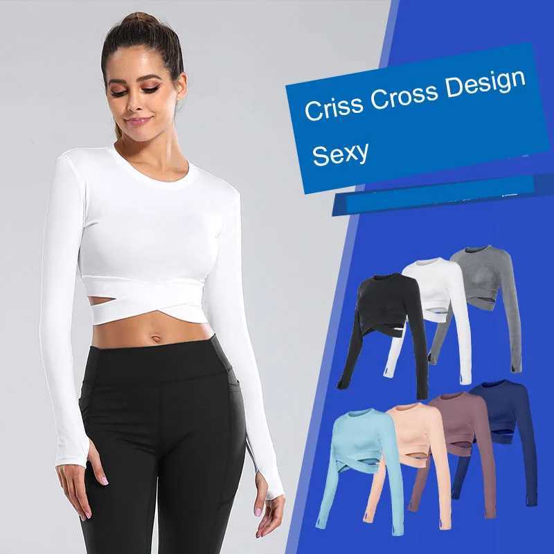 Aituug Miidriff long sleeved yoga top sports and fitness top slim fitness shirt running vest Criss Cross waist cross W250326
