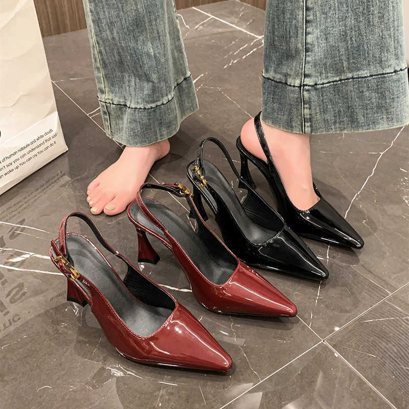 Wens 7cm and 9cm Single Shoes with H Expose Your H Pointed Tip High H Wen Patent Leather Black Red Shoes Wen Z250326